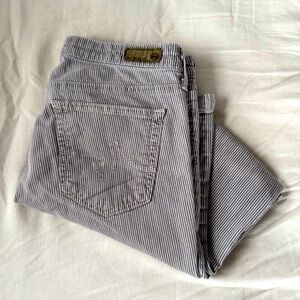 AG black and white striped “the stilt” cigarette roll up jeans.